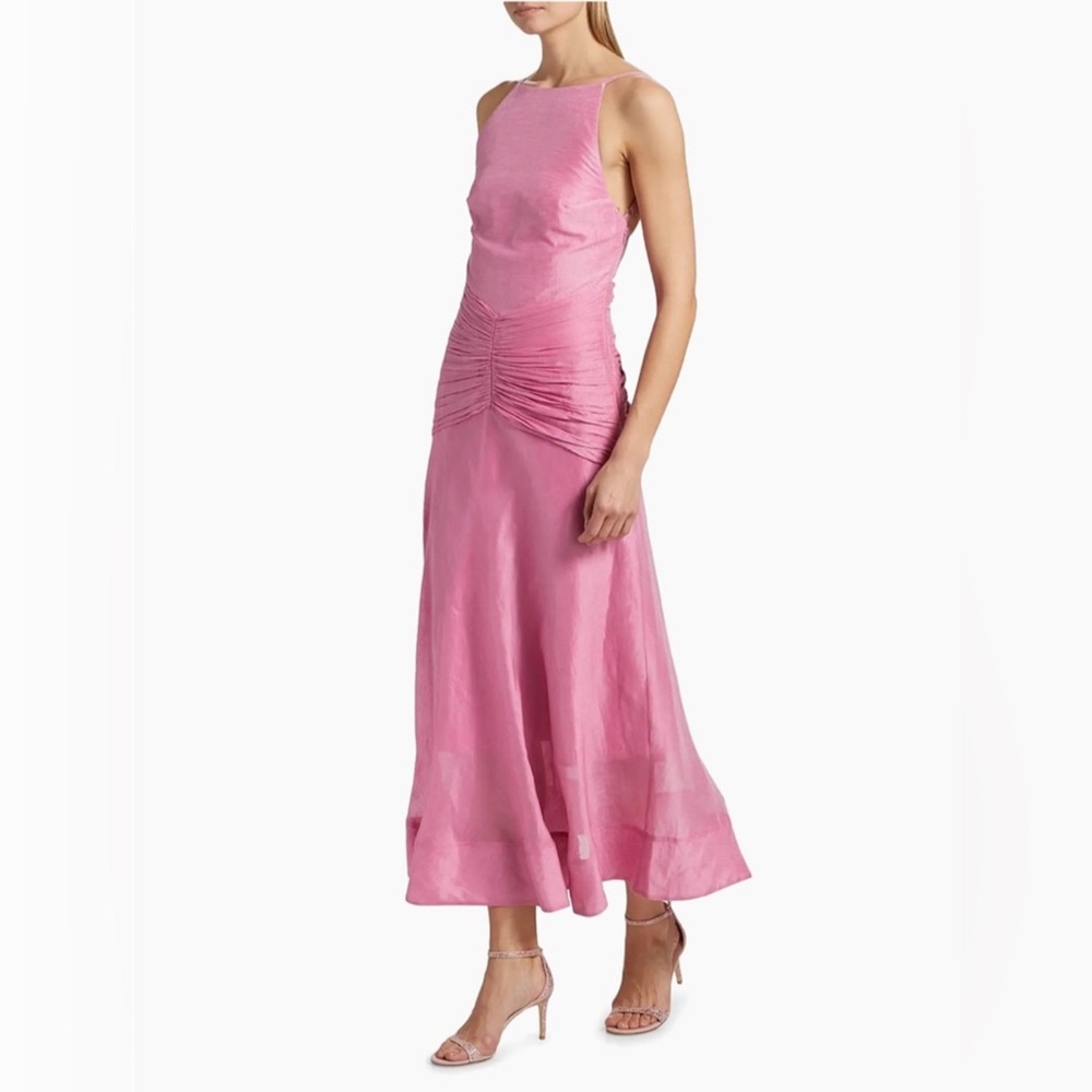 AMUR Kylie Ruched Midi Dress Prickly Pear Size 6 Worn Once Excellent Condition